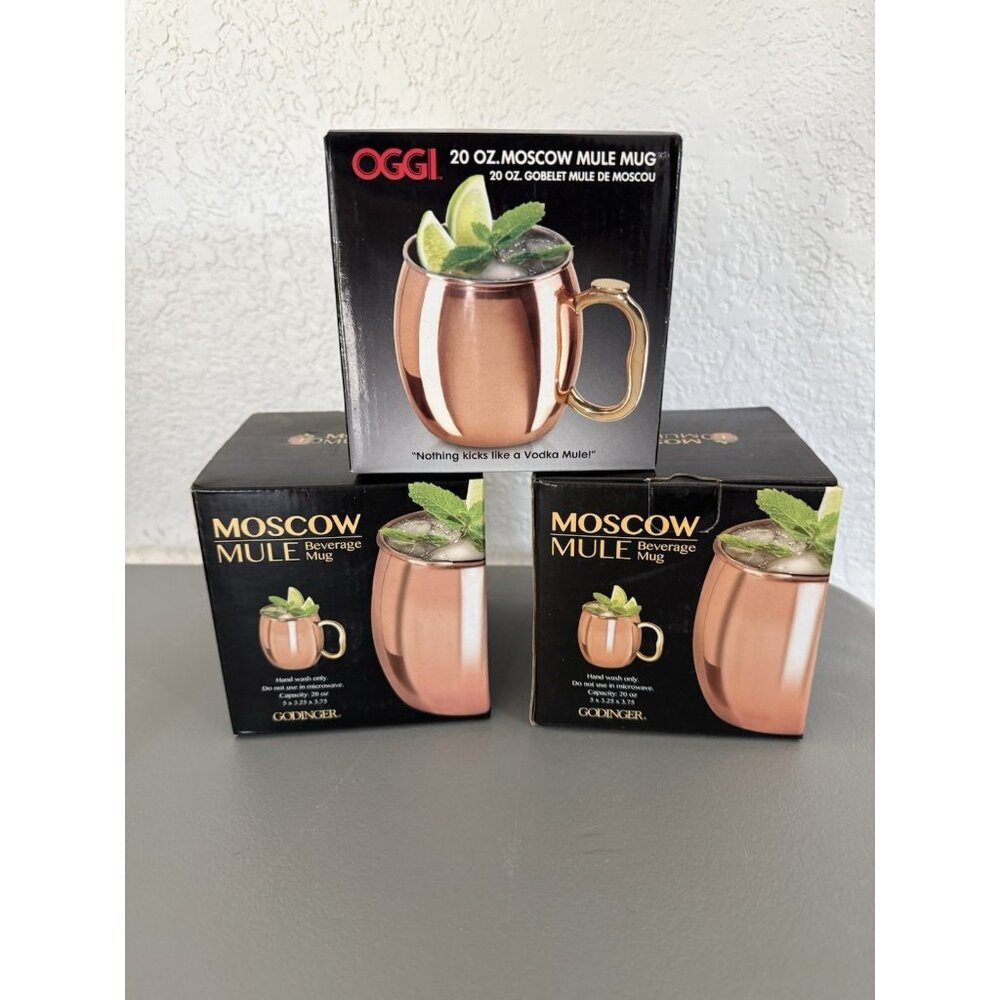 Oggi Barware Moscow Mule Copper Mugs Set of 3-20-Ounce NEW Heavy Brass Handle